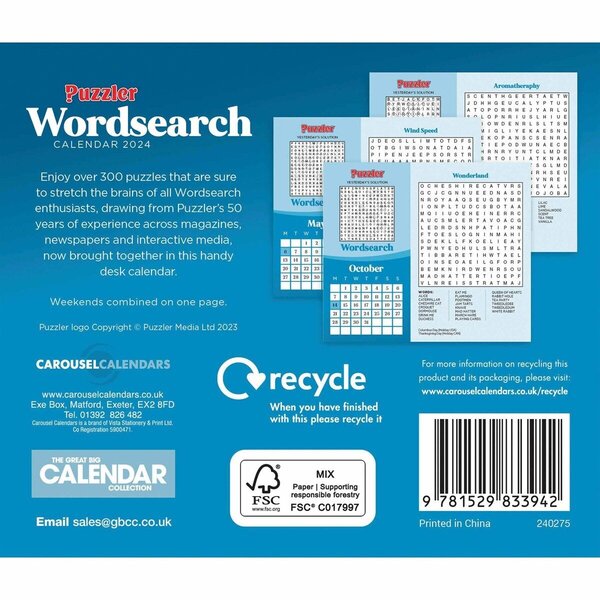 Wordsearch Desk Calendar 2024 Paper Tiger