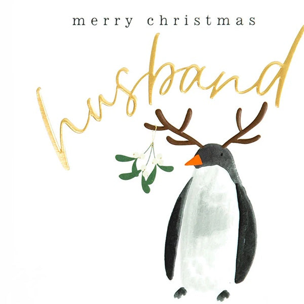 Merry Christmas Husband Penguin With Antlers Card