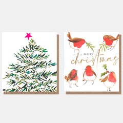 Christmas Tree And Merry Christmas Robins Charity Pack Of 8 Cards