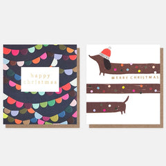 Happy Christmas Bunting And Sausage Dog Charity Pack Of 8 Cards