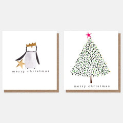 Penguin With Star And Dotty Gold Tree Charity Pack Of 8 Cards