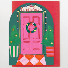 Pink Door With Christmas Decorations Card