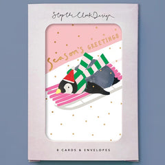 Penguin Sledging Seasons Greetings Card Pack Of 8 Cards