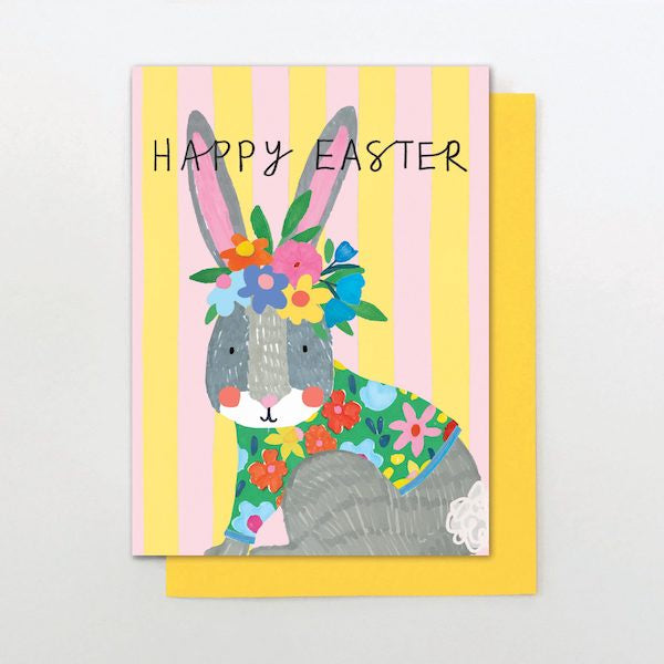 Happy Easter Bunny with Flowers Card