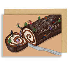 Skiing On Yule Log Christmas Card