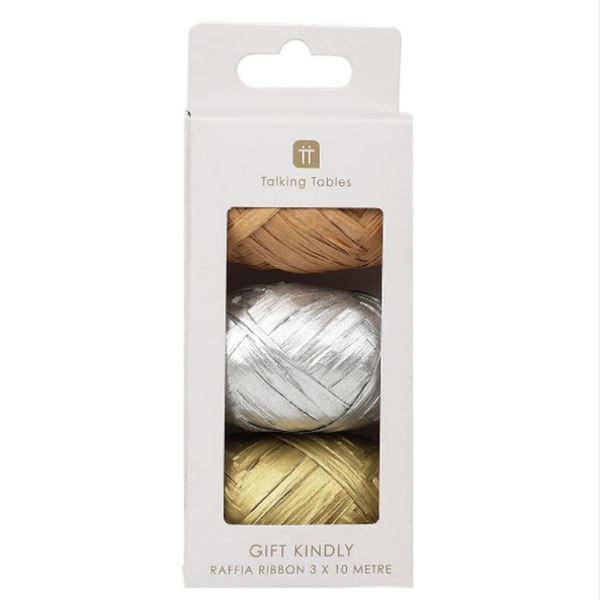 Raffia Ribbon Gold Silver and Kraft Pack of 3