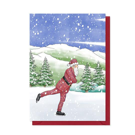 Tartan Santa Ice Skating Christmas Card