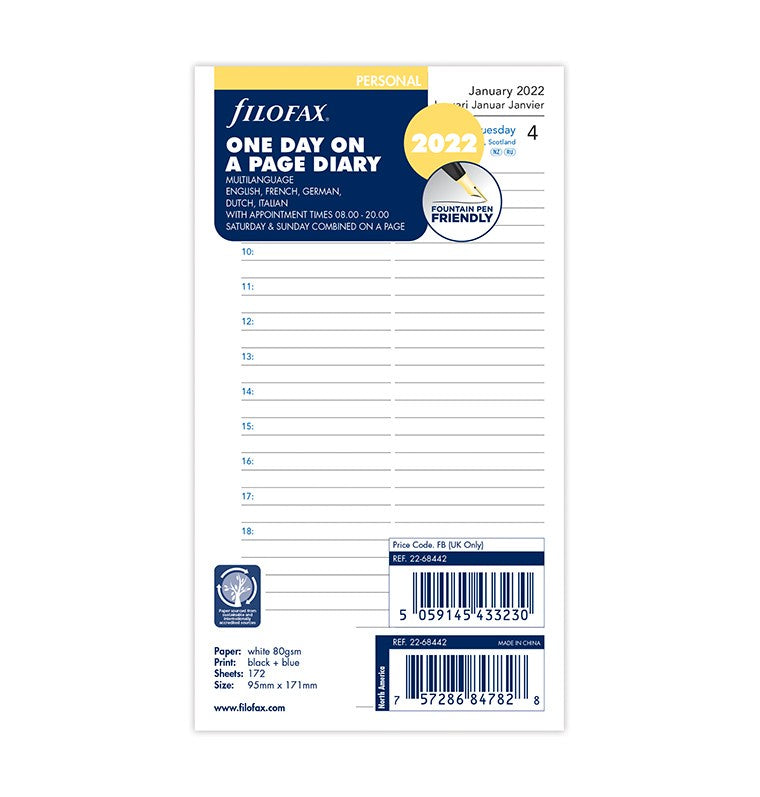 2022 Filofax  Personal One Day on a Page Refill