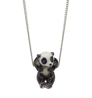 Silver Plated Necklace with Hand Painted Porcelain Tiny Hanging Panda Charm