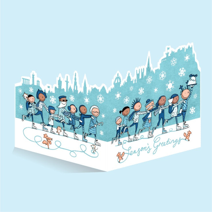 Skyline Blue Skaters Die Cut Christmas Card