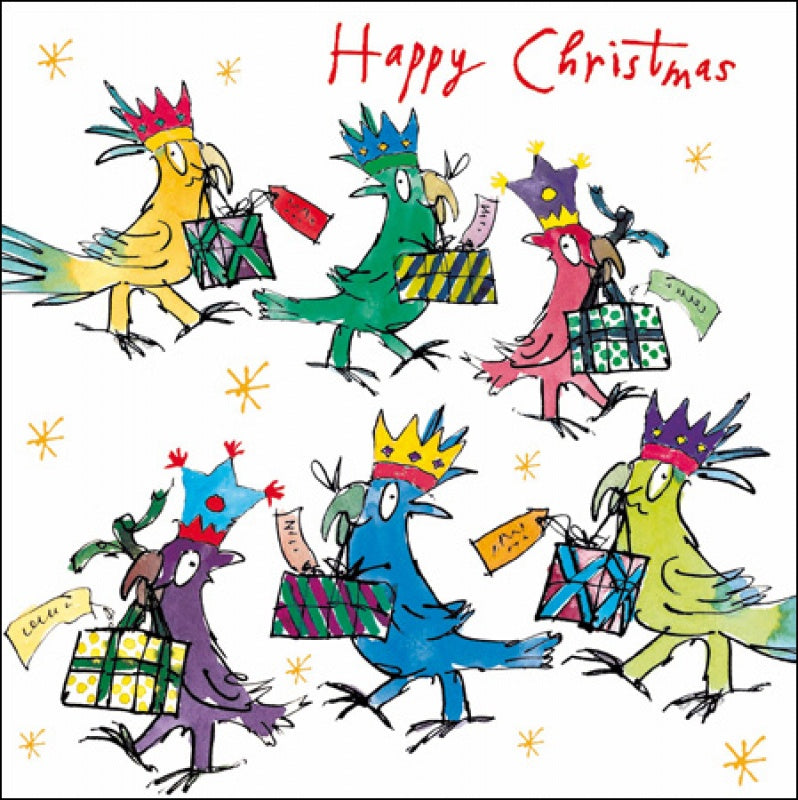 Quentin Blake Parrots and Presents Christmas Card