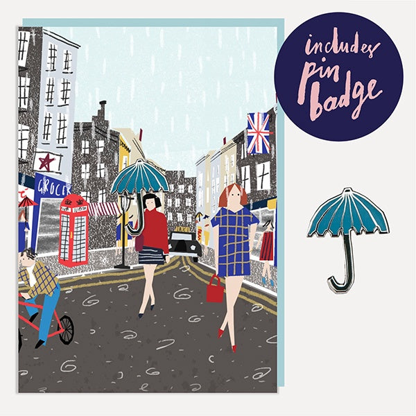 London Rain Enamel Pin Badge Card