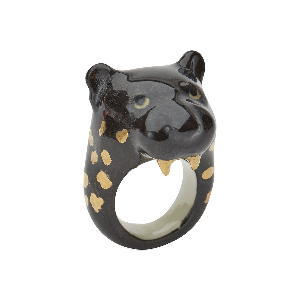 Hand Painted Porcelain Black and Gold Roaring Panther M/L