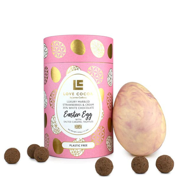 Strawberries and Cream White Chocolate Marbled Easter Egg 325g with Salted Caramel Truffles