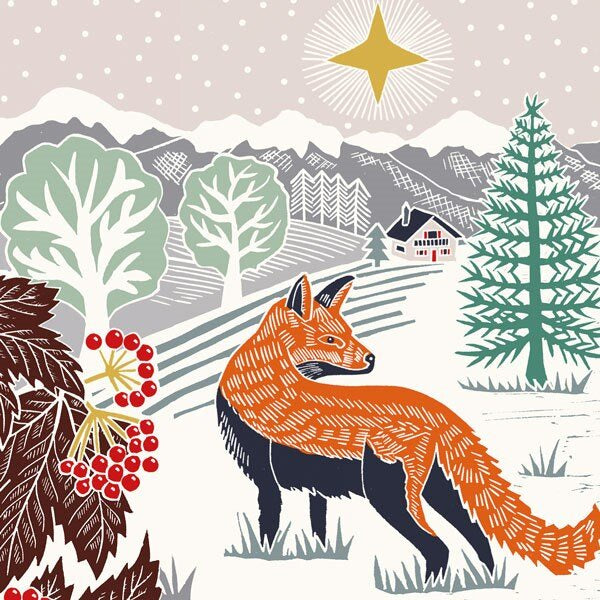 Lino Cut Fox & Landscape Christmas Card Pack