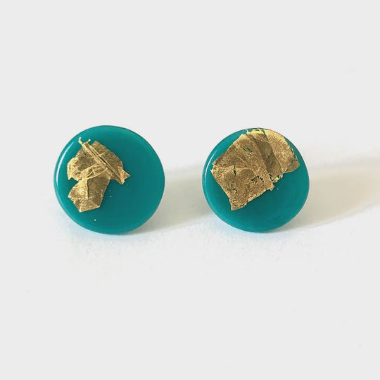 Gold Teal Glass Button Earrings